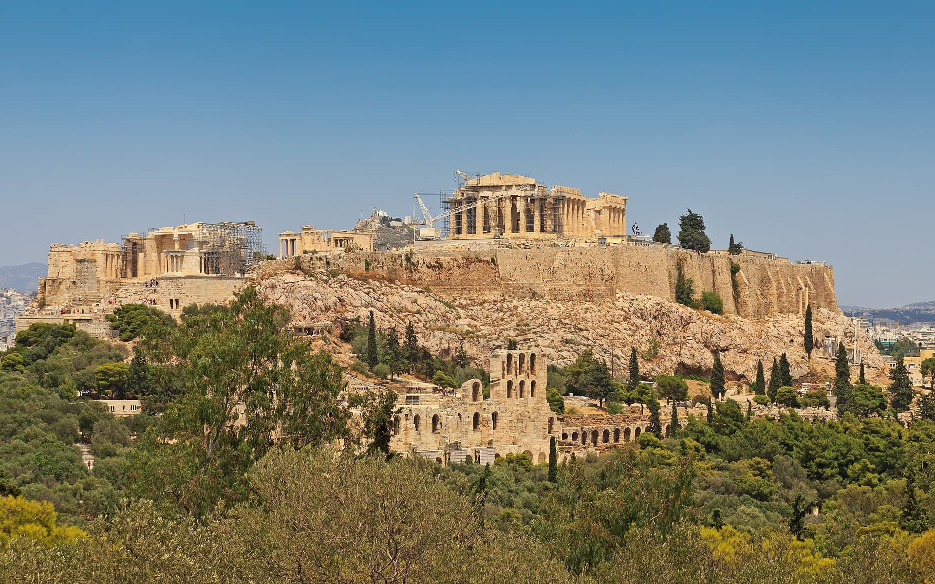 The Acropolis of Athens from Philopappos Hill, with the Parthenon and restoration scaffolding